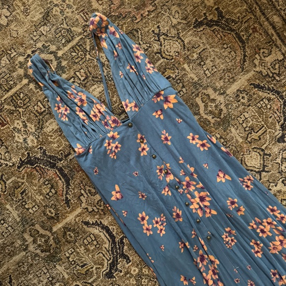 FREE PEOPLE Other Days Blue Floral Sleeveless Plunge Flowy Maxi Dress Medium - Picture 3 of 8
